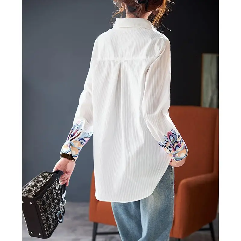 Chinese Style Women\'s 2024 Spring New Spliced Polo Collar Button Embroidery Fashion Loose Striped Long Sleeved Blouses Shirt