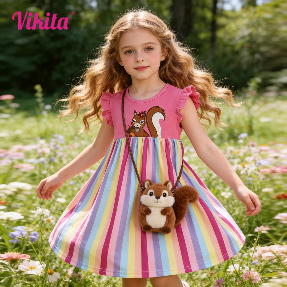 Girls Squirrel Embroidery Dress Kids Ruffle Sleeve Pink Cotton Casual Straight Dress Girl Rainbow Striped Cute Daily Wear Outfit