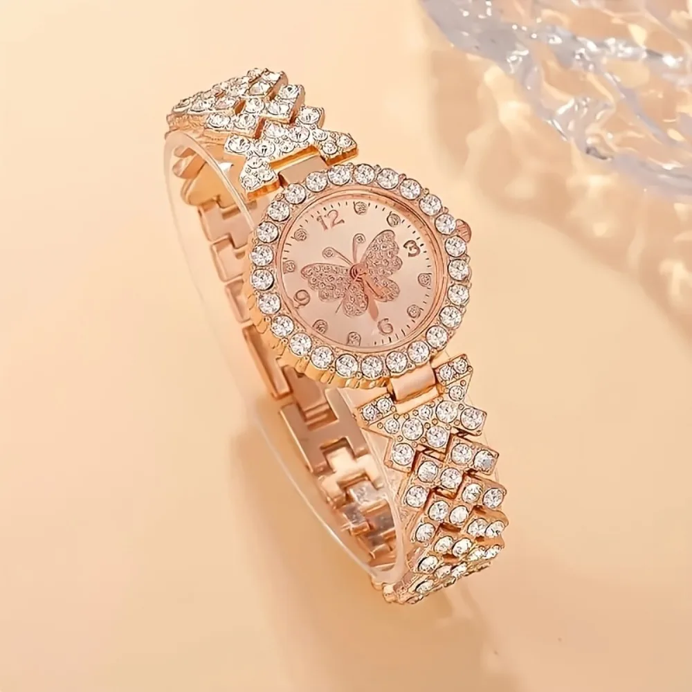 2‑Pcs Elegant Butterfly Quartz Watch and Women Jewelry Set, Perfect Gift, Quartz Movement, Stylish Present for Ladies