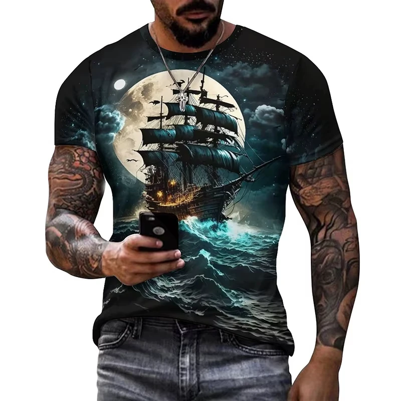 Hot selling men's 3D sailboat moonlight ocean summer T-shirt, children's T-shirt, men's and women's T-shirt