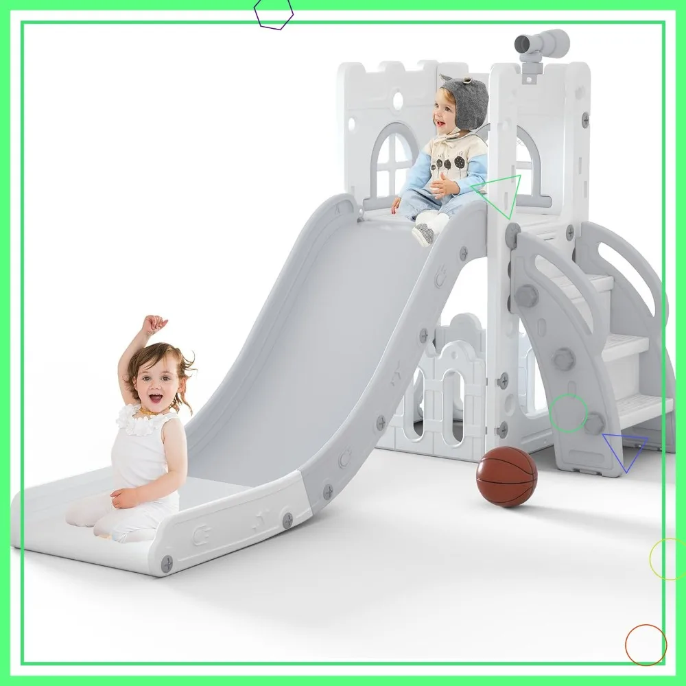 

6-in-1 Toddler Slide, Baby Playset for Indoor Outdoor Playground with Basketball Hoop, Storage & Telescope