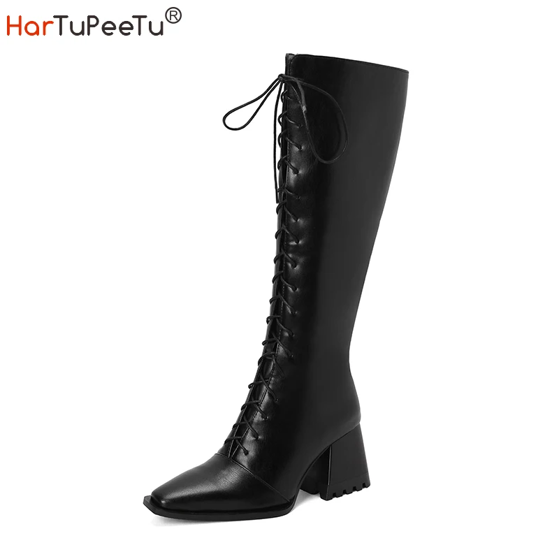 

Knee High Boots Women Cross Lace Up Shoes 2022 Autumn Winter Plus Size 48 Fashion High Heels Botas Mujer