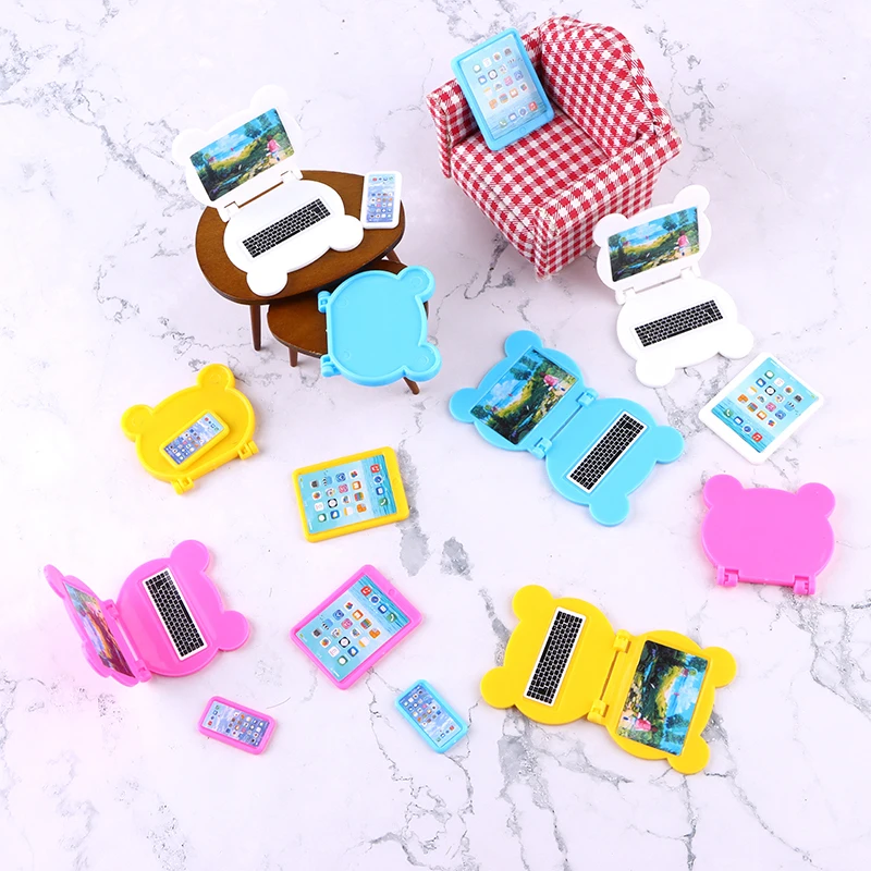 1 Set 1/6 1/12 Scale Dollhouse Miniature Plastic Folding Laptop Model Computer Tablet Phone Set Dollhouse Office Home Decor Toy