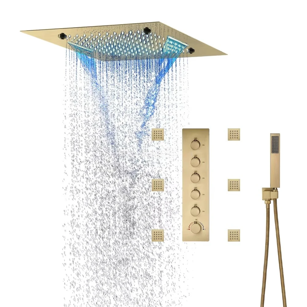 Brushed Gold Shower Set Ceiling 20 Inch Led Shower Head with Music System Thermostatic Control Main Body Bathroom Shower Faucet
