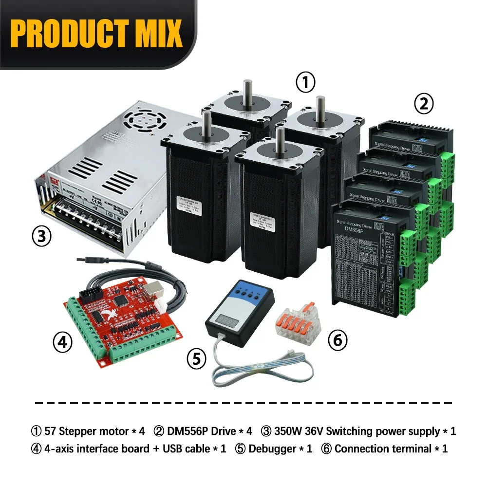 kit 2.2N / 2Nm 3A Nema 23 57 x 82mm / 76mm Stepper Motor DM556P Driver + 350W Power Supply MACH3 Controller Card debugger