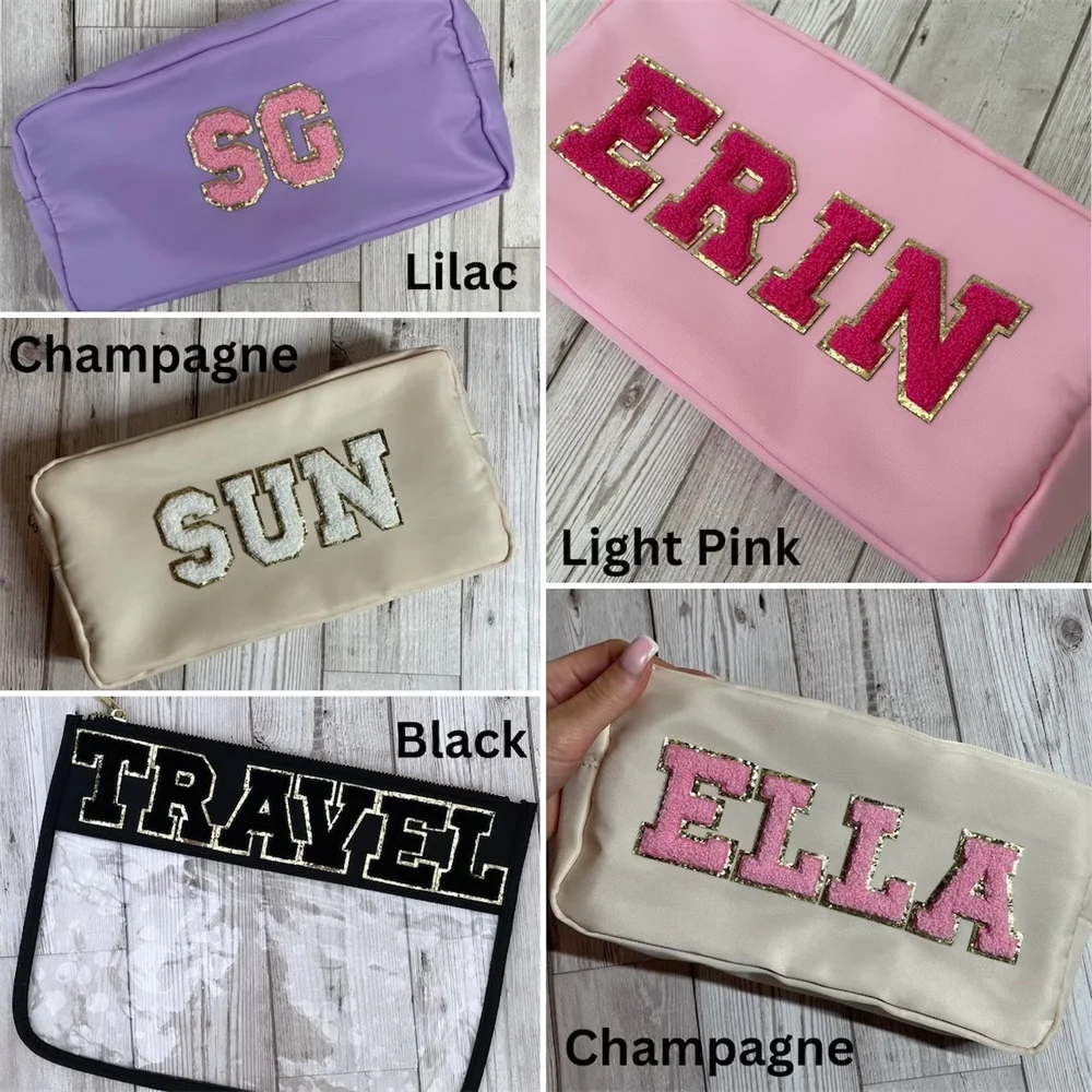 Personalised Nylon Make Up Cosmetic Travel Bags with Chenille Patches | Bridesmaids Holiday Hen Party Toiletry Bag with Letters