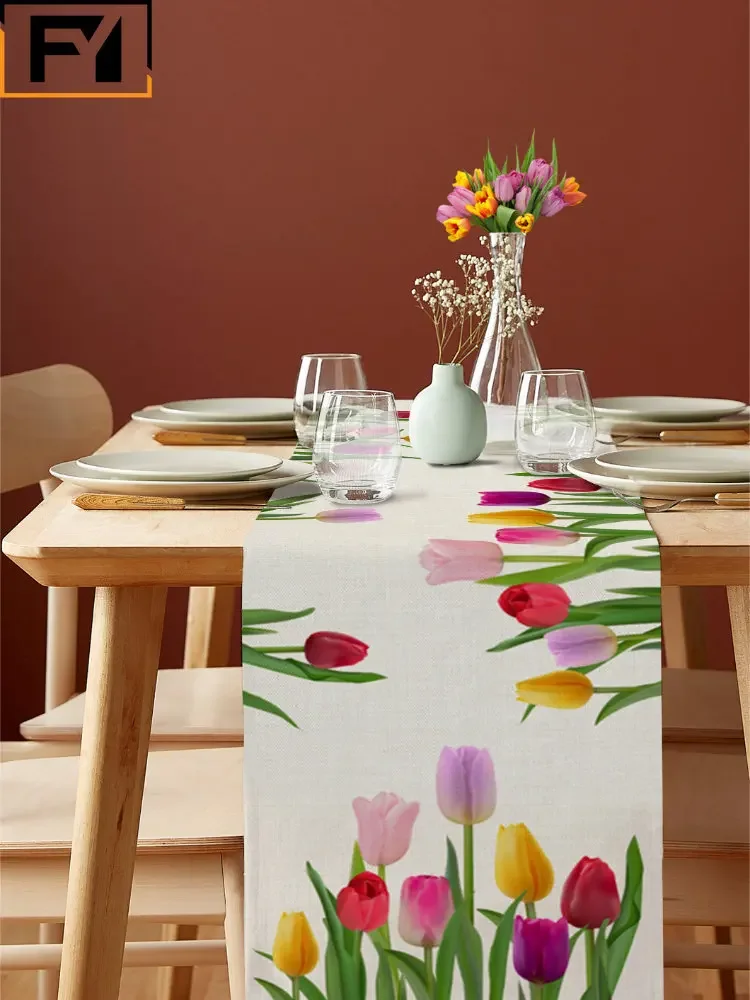 Camino de mesa de lino con flores de tulipán, decoración de mesa de centro de boda, comedor de fiesta, antiincrustante, 2024