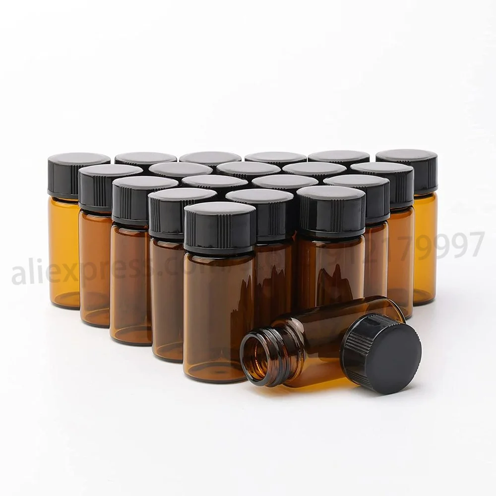 

100pcs 5ml Amber Glass Essential Oil Bottle with Screw Caps,Empty Refillable Travel Liquid Sample Vial Storage Test Container