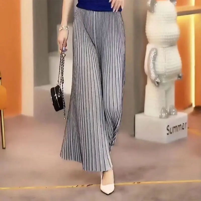 Casual Wide Leg Fashion Pleated Cropped Pants Spring Summer All-match Women's Clothing Bright Line Decoration Elastic Trousers