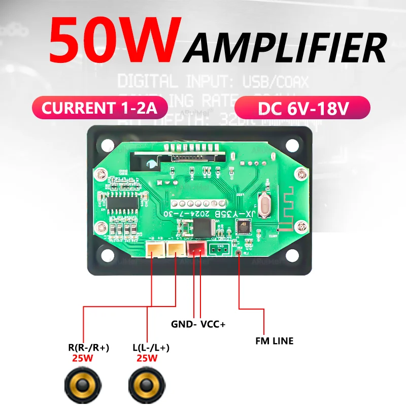 2x25W 50W Bluetooth Audio Amplifier Complete Kit with Aluminum Case, Remote Control Color Box, DC 6-18V for Car Home DIY Speaker image 2
