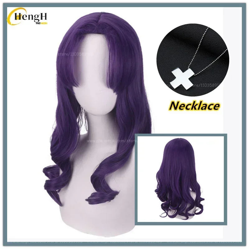 In Stock Anime Synthetic EVA Katsuragi Misato Katsuragi 55cm Long Purple Wavy Hair Cosplay Wig Heat Resistant Hair Party Wigs