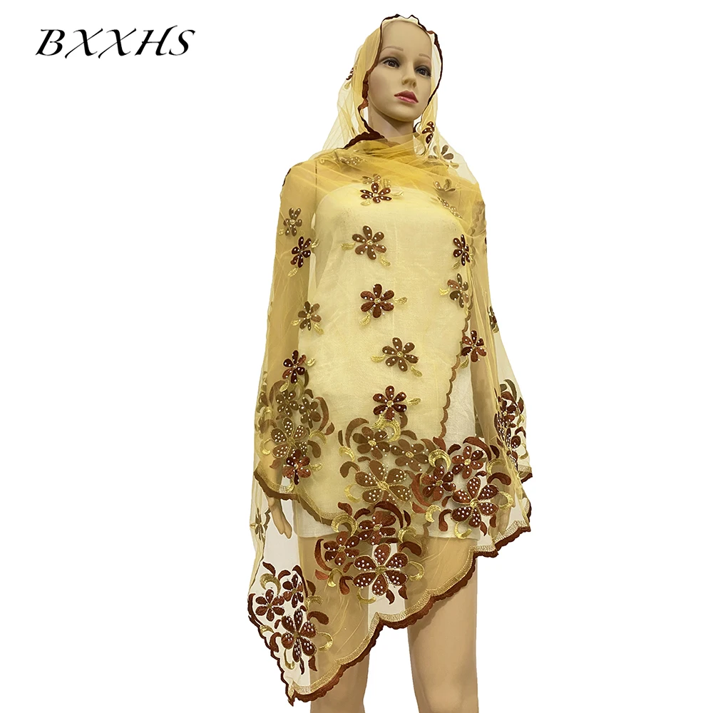 

2024 Muslim Soft Net Small Size Scarf for African Women Hijab lslamic Scarf Dubai New High Quality Arabic Foulard Embroidery