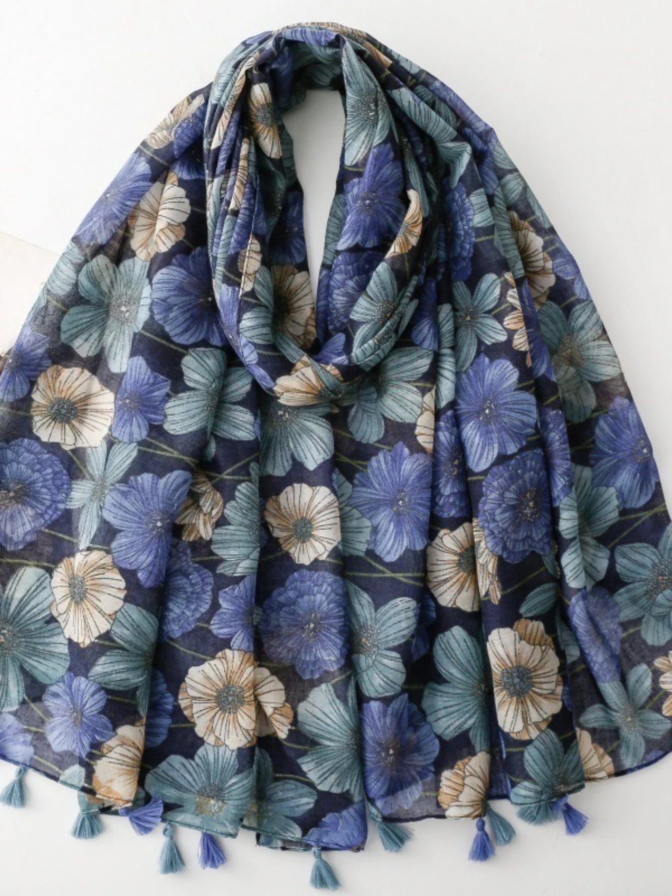 1PC blues floral print fringed scarf retro floral light shawl literary silk scarf women muslim headscarf women view 6