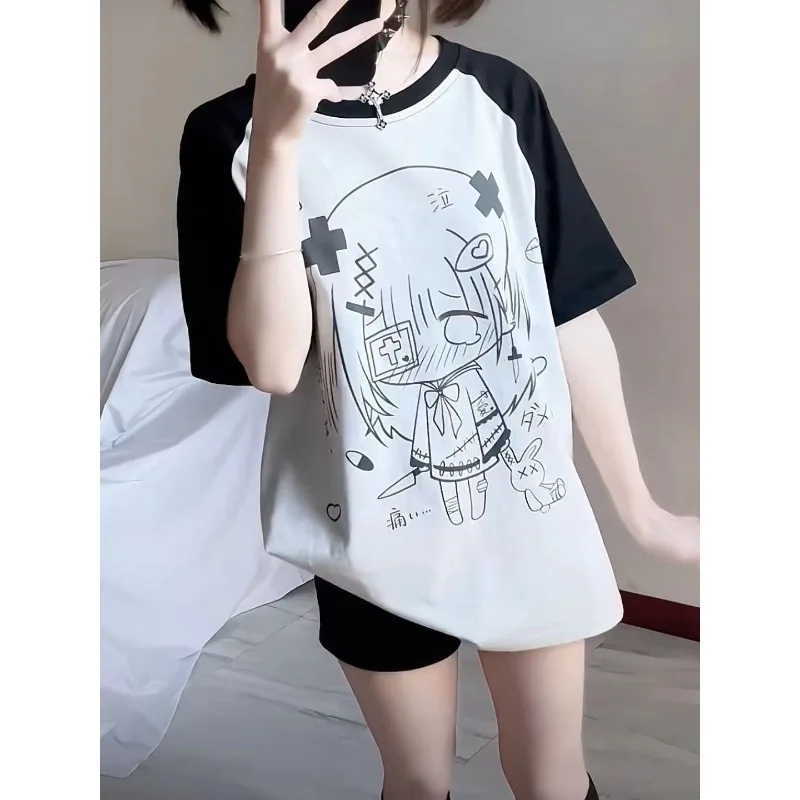 

Round Neck Summer Y2k Loose Lovely T-shirt White Black Patchwork Short Sleeves Kawaii Tees Subculture Harajuku Women Casual Tops