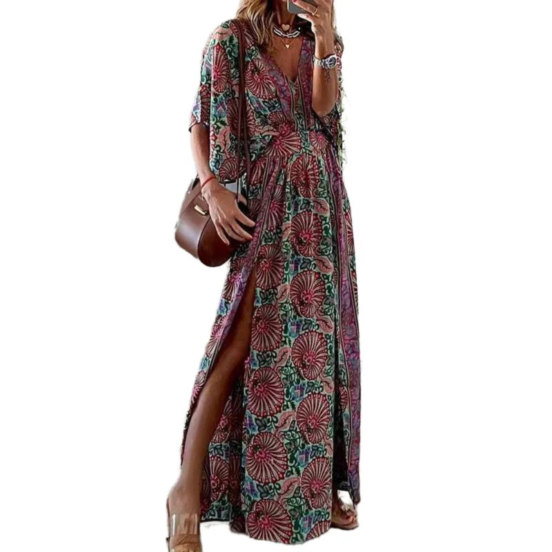 Women's New Autumn Long Dress Sexy V-neck Bat Sleeve Short-sleeved Dress Side Slit Long Dress Fashionable Printed Loose Dress