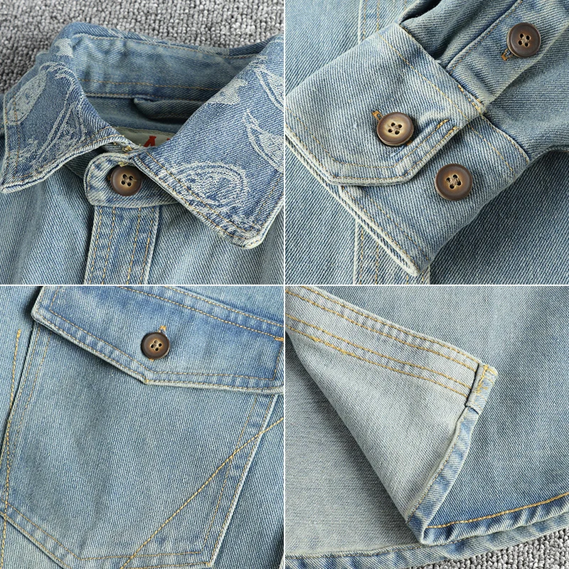 Heavy collar cashew flower embroidery design sense of British vintage denim shirt men\'s autumn trend coat with long sleeves