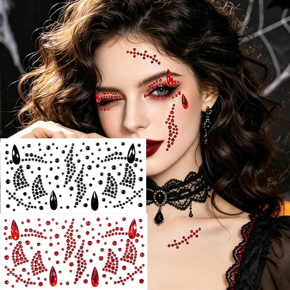 1/2Pcs 3D Halloween Face Eye Jewels Sticker Black Red Teardrop Demon Horns Rhinestone Tattoo Decals Costume Stage Makeup Decor