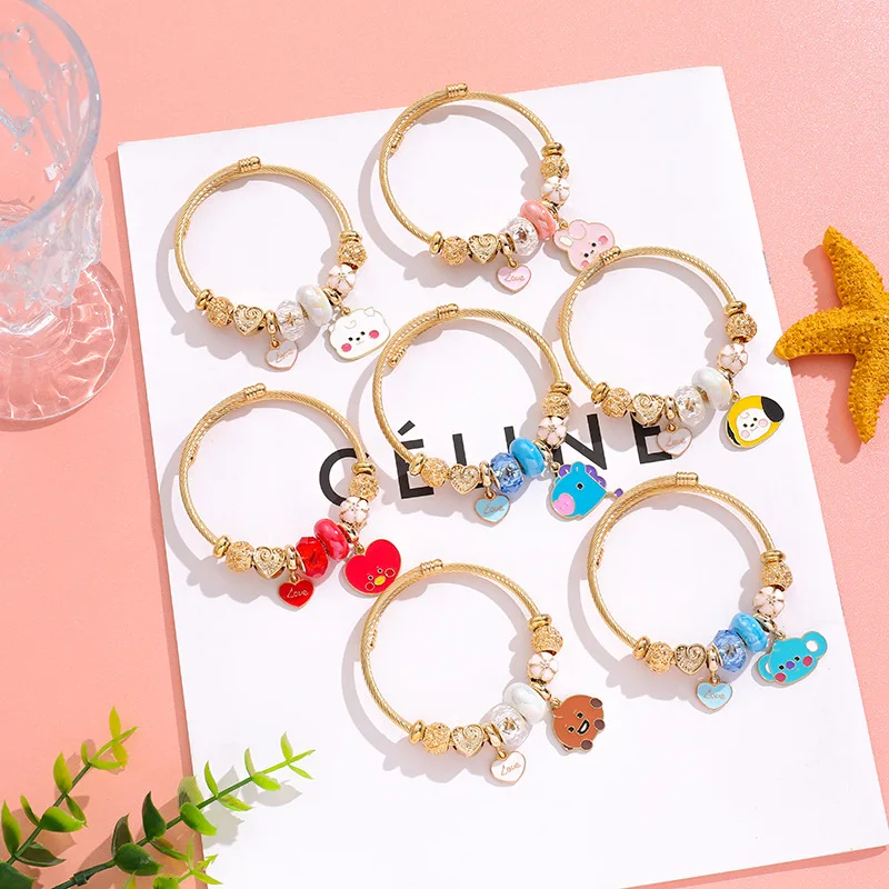 Cartoon Bt21 Small Animal Bracelets DIY Imitation Crystal Heart Accessories Golden Bangle Adjustable Jewelry Girls Birthday Gift