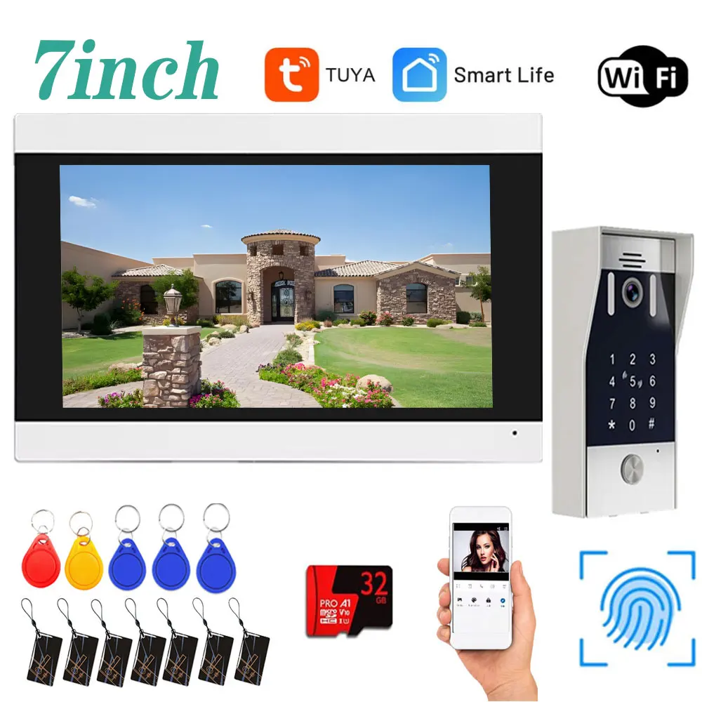 Nuevo sistema de videoportero inalámbrico Wifi, videoportero 1080P con cámara de huella dactilar y contraseña, pantalla táctil, videoportero de 4 hilos
