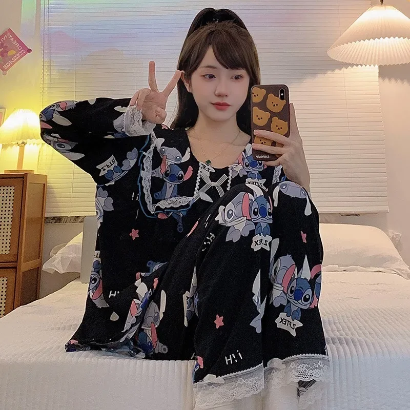 5XL Plus Size Women Autumn Long Sleeve Pajamas Set 150kg Sweet Loose Sleepwear Korean Ins Sle Can Be Worn Outside Homewear