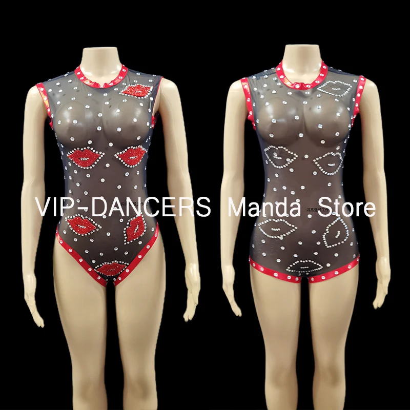 

Sexy Red Lip Pole Dance Clothes For Women Nightclub Dancer Wear Blackless See-Through Bodysuit Gogo Burning Man Outfits