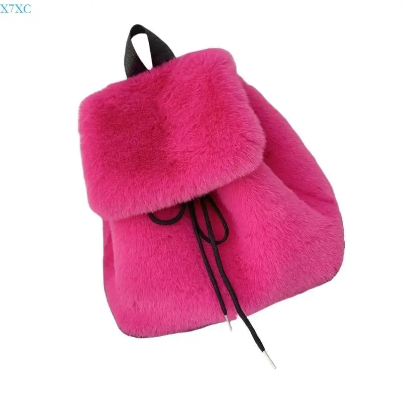 X7XC Multipurpose Soft Furry Backpack for Women Drawstring Small Shoulder Bag