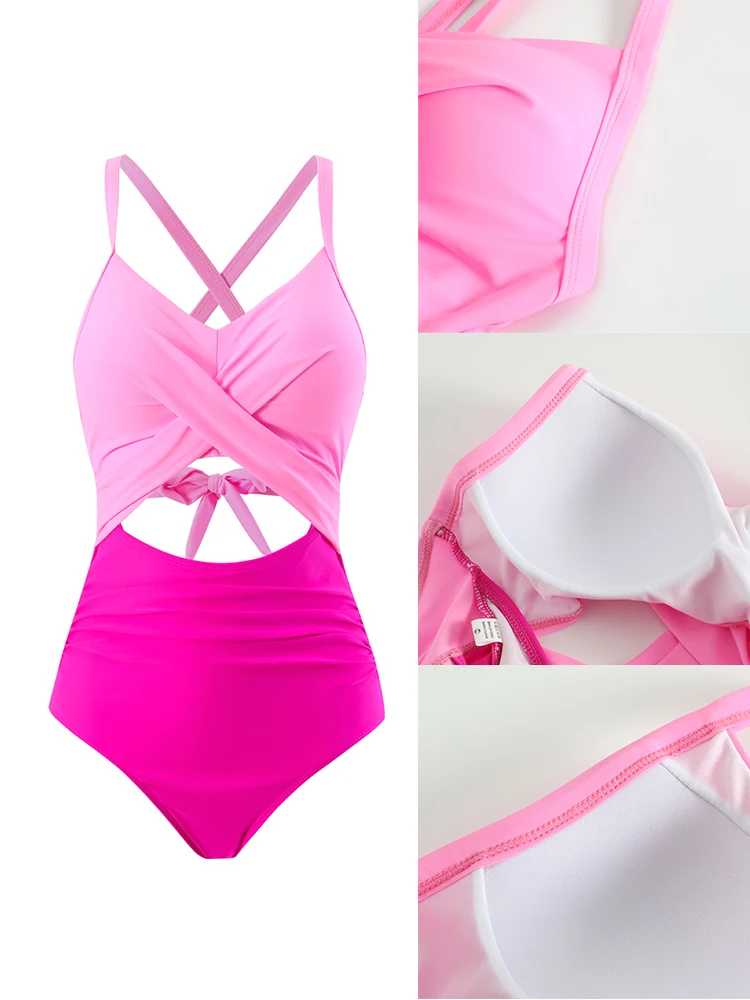 Swimwear One PIece Swimsuit Women 2023 New Sexy Hollow Out Pink Halter Monokini Bathing Suit Female Swimming Beach Wear Summer