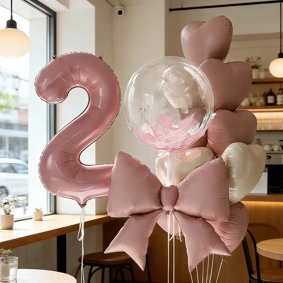 18-teiliges Rosa Geburtstagsparty-Set, 32-Zoll-Zahlen- und 0-9-Folienballons, Transparente, Matte Rosa Schleifen, Macaron- und Creme-Herzballons Deko