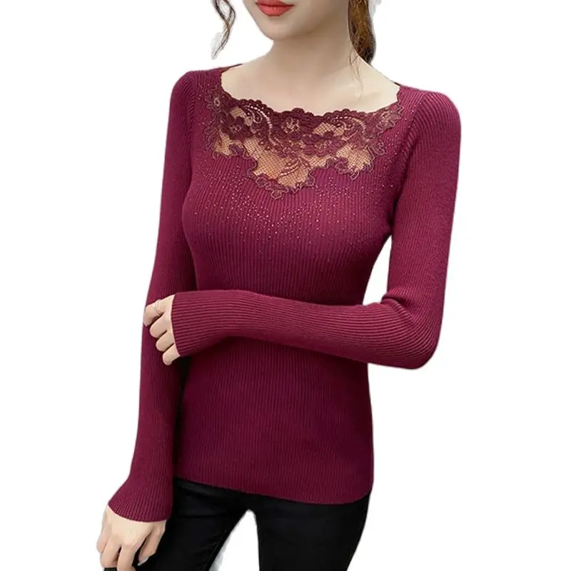 

Autumn Sexy Slim Sweater Lace Studded Stitching With Knitted Bottoming Shirt Slim Joker Spring And Autumn Fashion Blouse Female