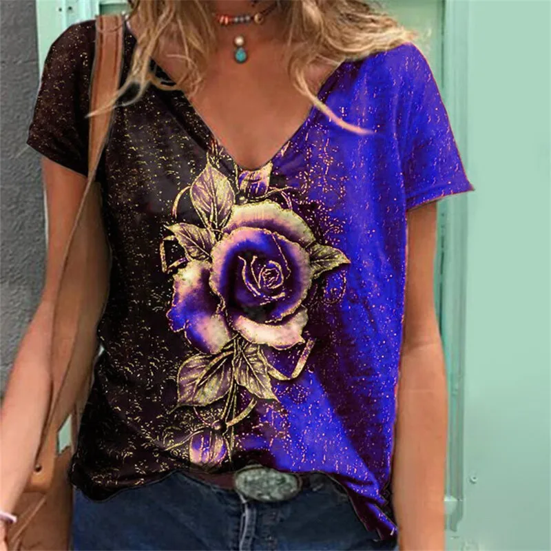 Summer Flower Rose 3D Print T-Shirts Women's Fashion Floral Streetwear Short Sleeve V-Neck T Shirt Girl Tees Tops Woman Clothing