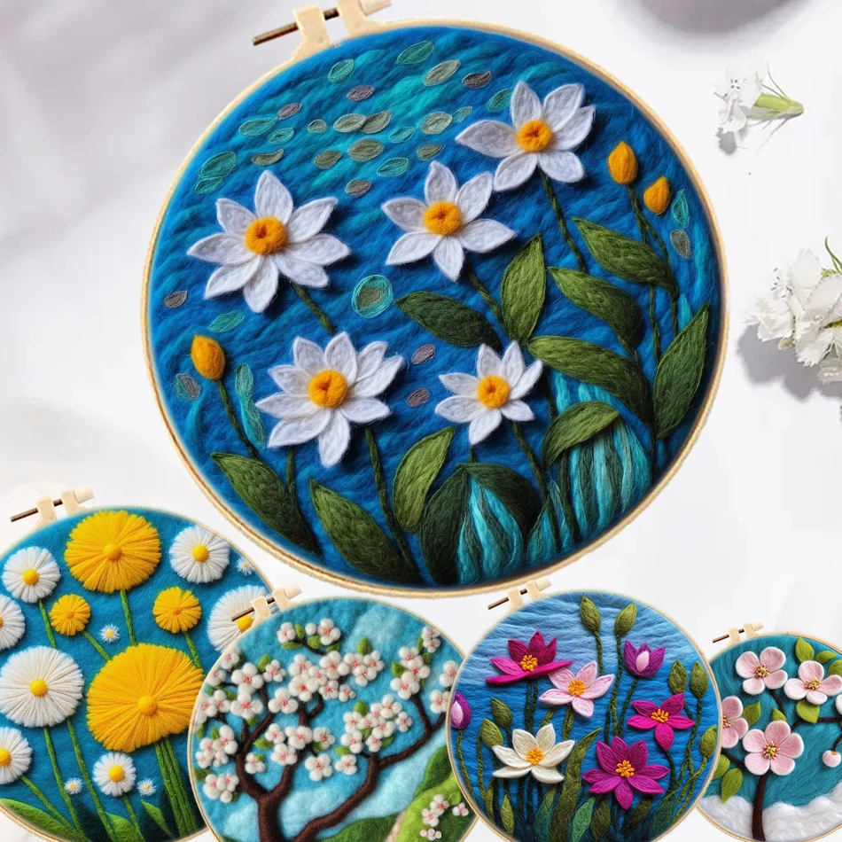 

GATYZTORY 20X20cm Frame Wool Felting Painting Kit With Embroidery Kit Flower Funny Diy Felt Needle Wool Painting For Mom Gift