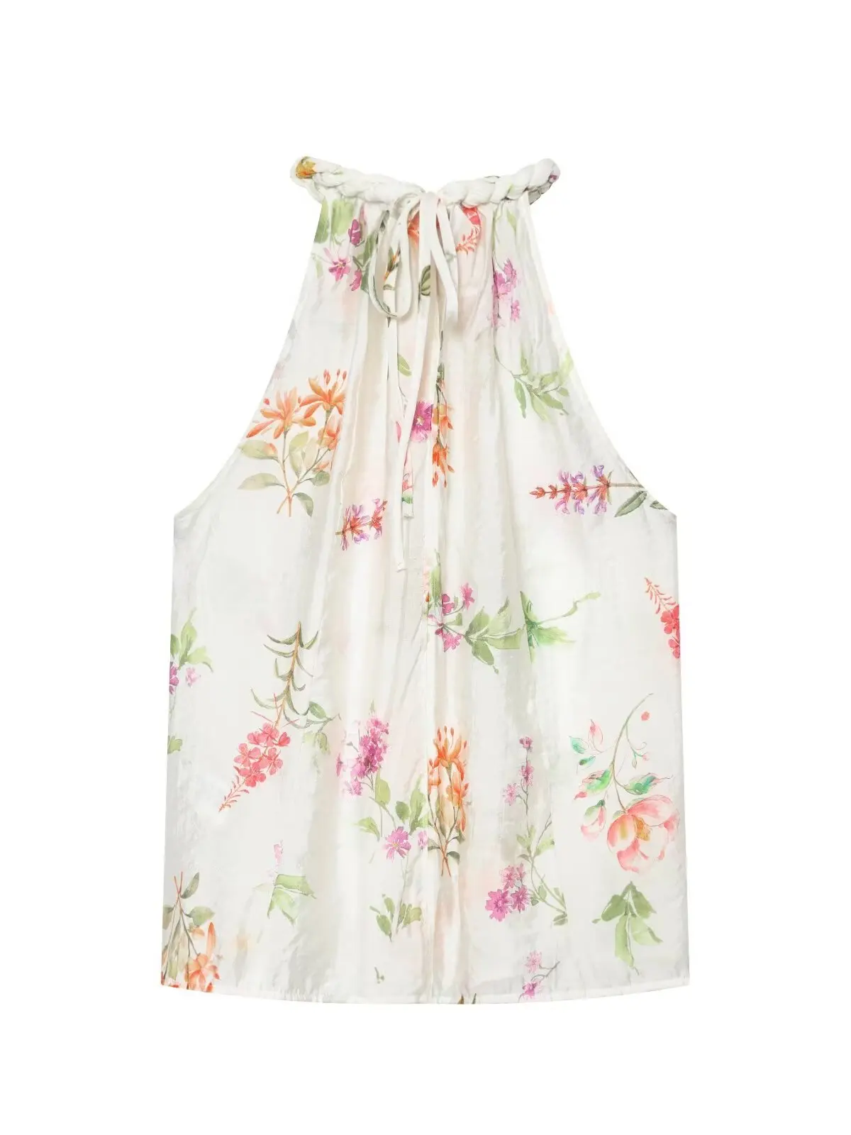 Loose Women's Summer Printed Neck Hanging Vest Sleeveless Grey Collar Floral Twist Knot Casual Fashion Polyester Fiber
