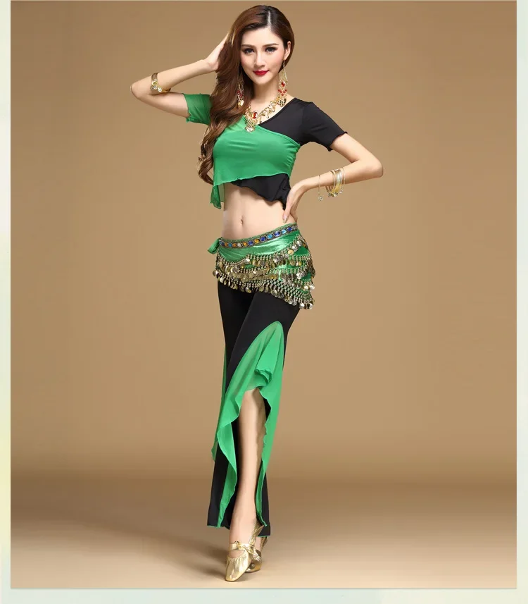 Quality Belly Dance Costume Bellydance Pratice Clothing Indian Set Gauze Cloth Pants Color Block Set 8 Colors Top&Pants&Belt