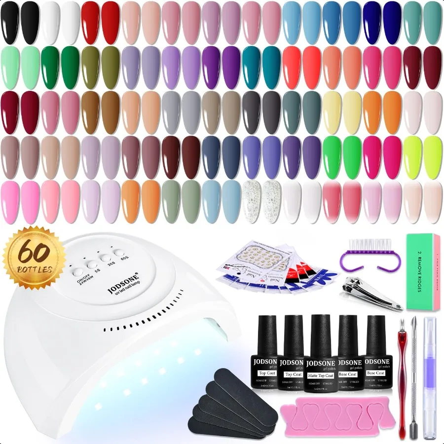 

Gel Nail Polish Kit 60 PCS with U V Light Soak off Base Top Coat 55 Shine Colors Gel Nail Kit Bright and Dark Brown Wine Red Se