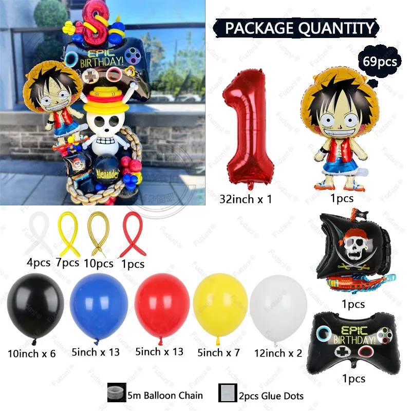 69 peças uma peça macaco d. Luffy filme de alumínio console de jogos navio pirata número vermelho globos decoração de festa de aniversário presente de chá de bebê