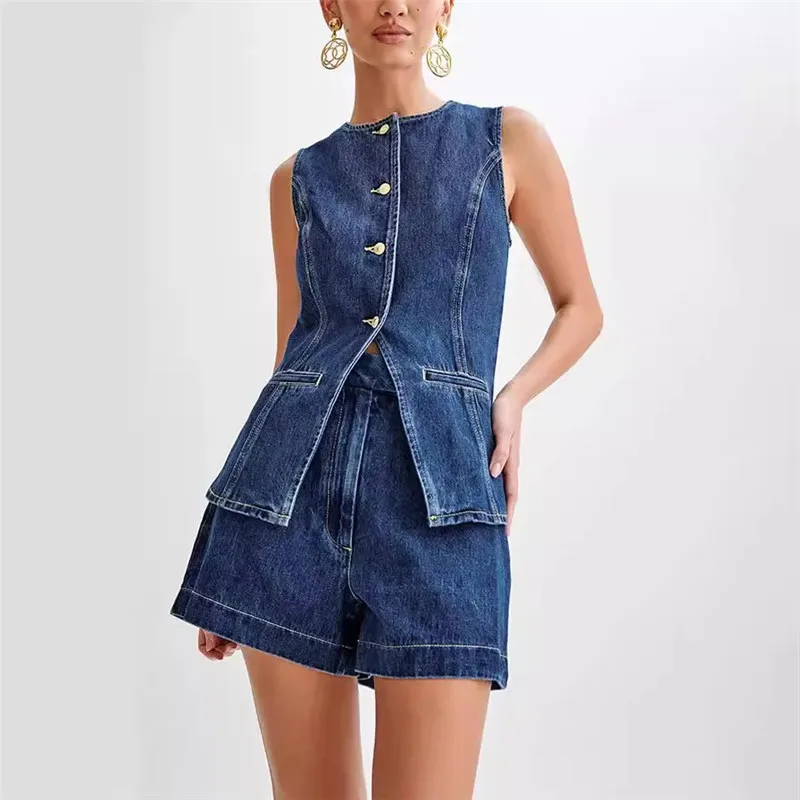 Dames Mouwloze Tweedelige Sets 2024 Nieuwe Ronde Hals Top Hoge Taille Denim Set Casual Mode Zomer Lente Streetwear