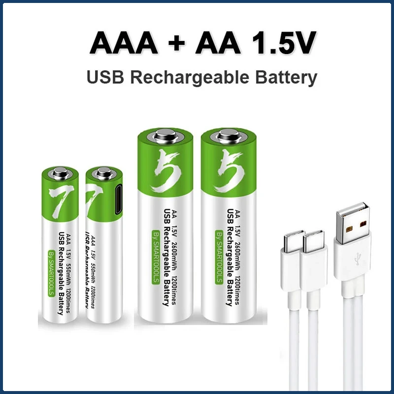 

USB 2PC AA+AAA Rechargeable Battery 1.5V AA 2600mWh/AAA 550mWh Li-ion Batteries for Mouse,clock,Shaver,hermometer+TYPE-C Cable