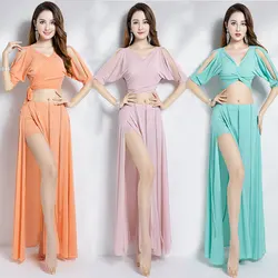 Belly Dance Clothing for Women Mesh Pearls Sleeves Top+long Skirt 2pcs Girl Oriental Costumes Set Female Practice Wear Outfit