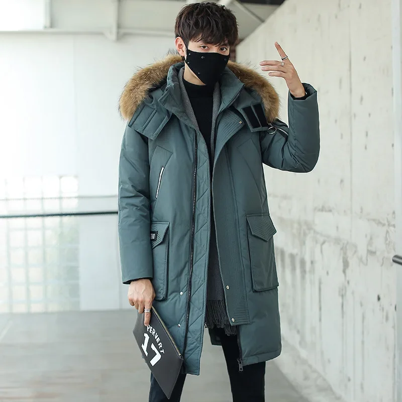 New Winter Men Hooded Fur Collar Long Parkas Down Coats Fashion Male Multiple Pockets White Duck Puffer Jackets Down Coats 3XL