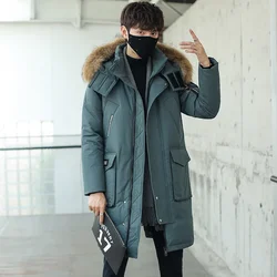 Neue Winter Männer Kapuze Pelz kragen lange Parkas Daunen mäntel Mode männlich mehrere Taschen weiße Ente Puffer Jacken Daunen mäntel 3xl