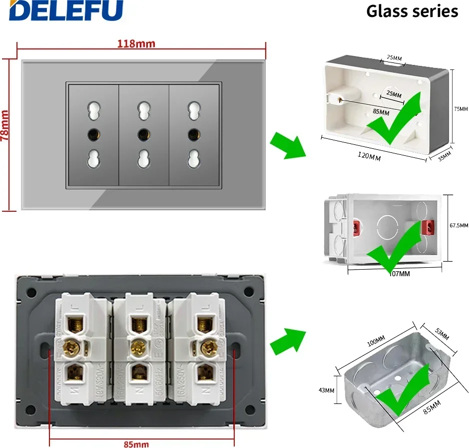 DELEFU Grey Tempered Glass Italian Standard German-Italian Socket USB Type C Wall Socket Switch Satellite TV Phone CAT5 CAT6