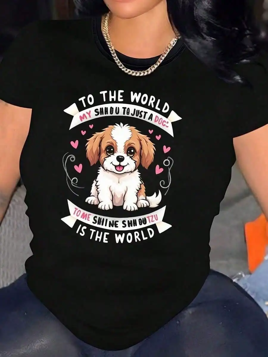 To World My Shih Tzu-Shirt - Casual Short Sleeve Crew Neck Cotton Tee, Soft & Breathable Summer Top - Dog Lovers, Shih Tzu Owner