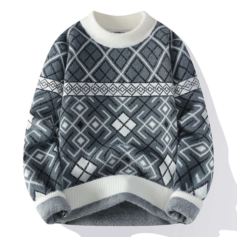 

Ретро узор 2025 модный мужской вязаный свитер модный осенне-зимний теплый топ с круглым вырезом в уличном стиле свитер