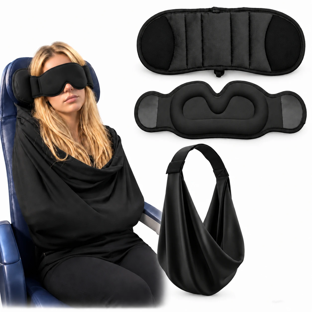 Airplane Sleep Support System 3-in-1 Travel Pillow with Head Strap Eye Mask Body Support Belt & Airplane Foot Hammock Adjustable