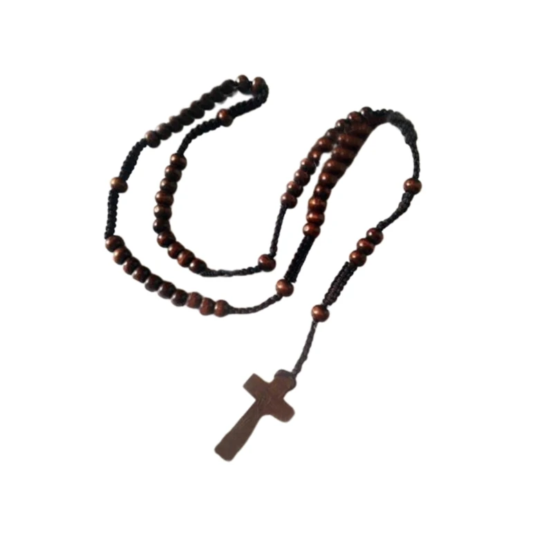 Wood Beads Cross Rosary Necklace Holy Catholic Jewelry Charm Crafts for Christian Church Home Bedroom Decoration