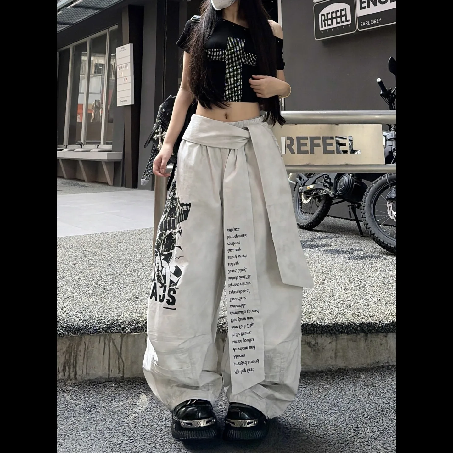 Womens Y2K Printed Track Pants Wide Leg Tie Strap Trousers White Blue Options for Hip Hop Dance and Street Style Outfits