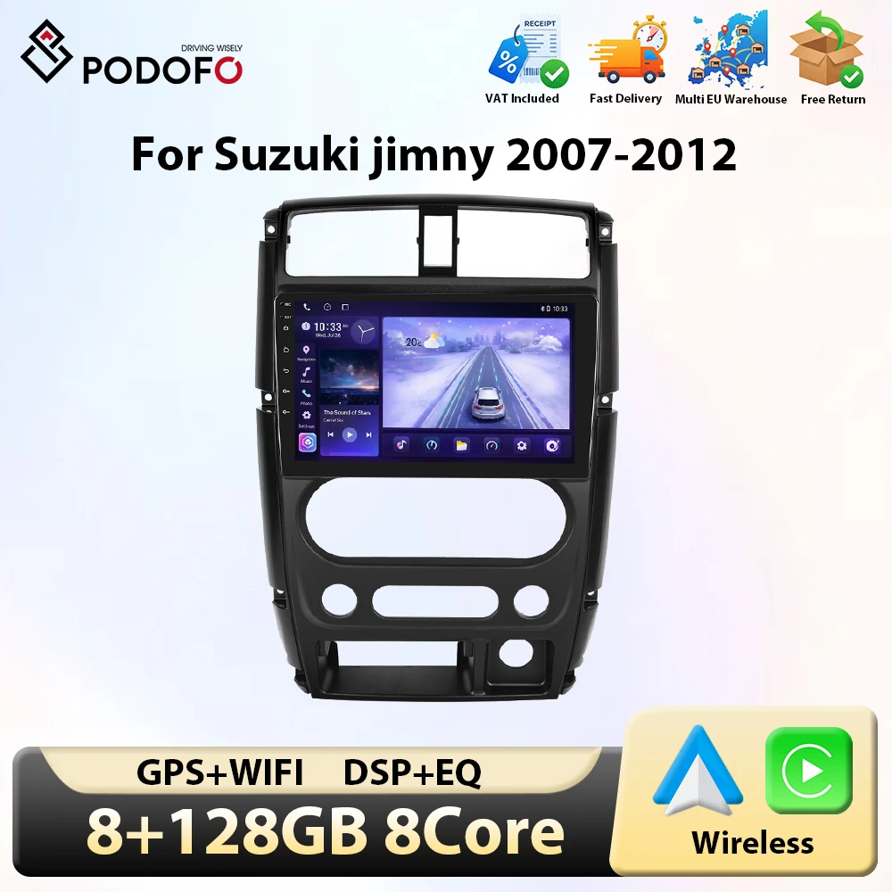 Autoradio 2 Din Podofo avec CarPlay sans fil pour Suzuki Jimny 2007-2012, 8 cœurs, système intelligent de voiture avec GPS, commande vocale IA, radio 4G WIFI RDS