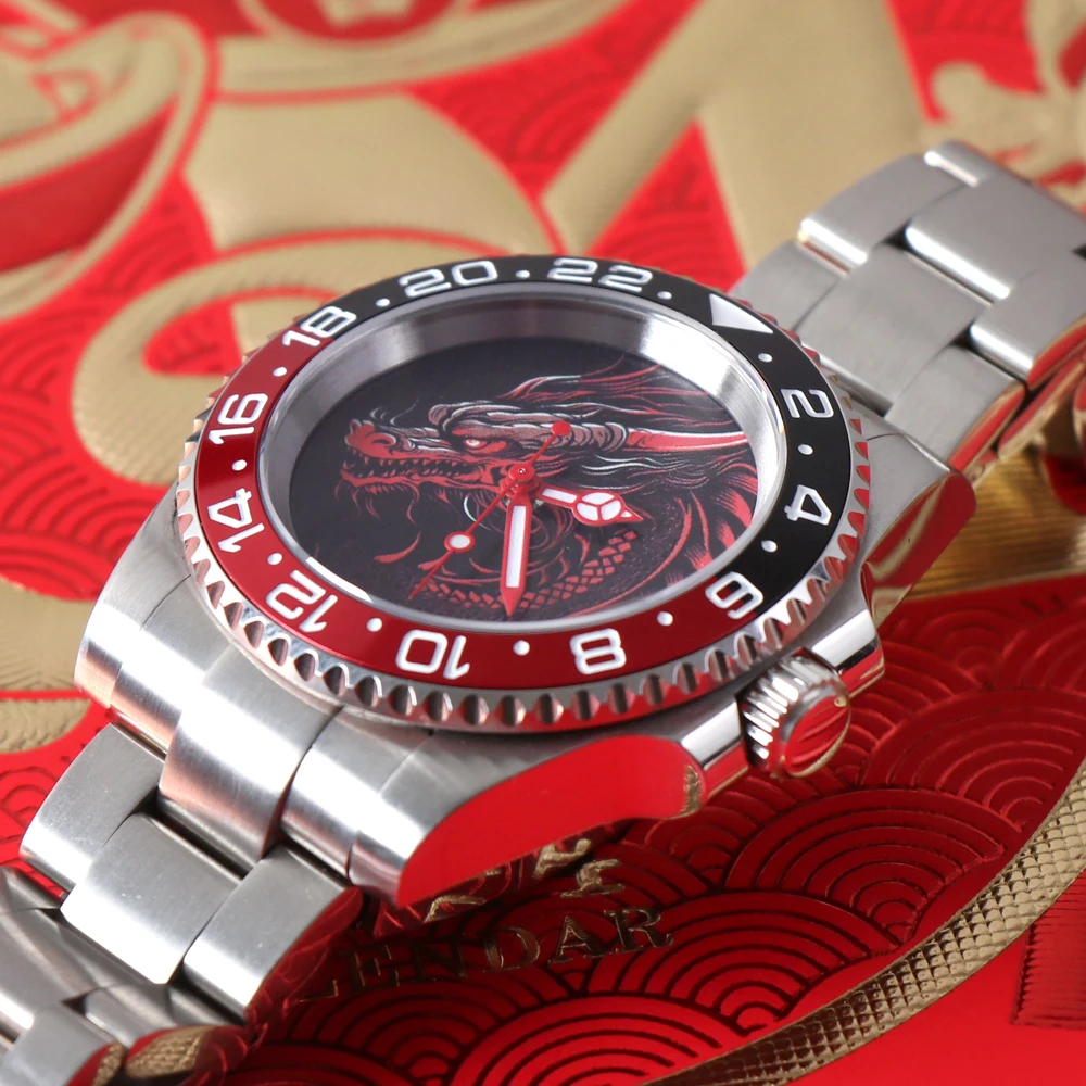 MINUTESECOND NH35 DIY Black Red Dragon Dial NH35 Watch 10BAR Waterproof Sapphire Crystal With Oyster Band Automatic Mens Watch