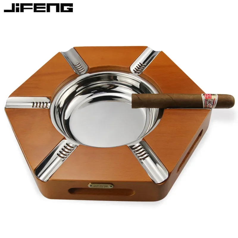 JIFENG Cigar Ashtray Creative Six-slot Copper Solid Wood Cigar Tank Home Office Bar Ash Holder