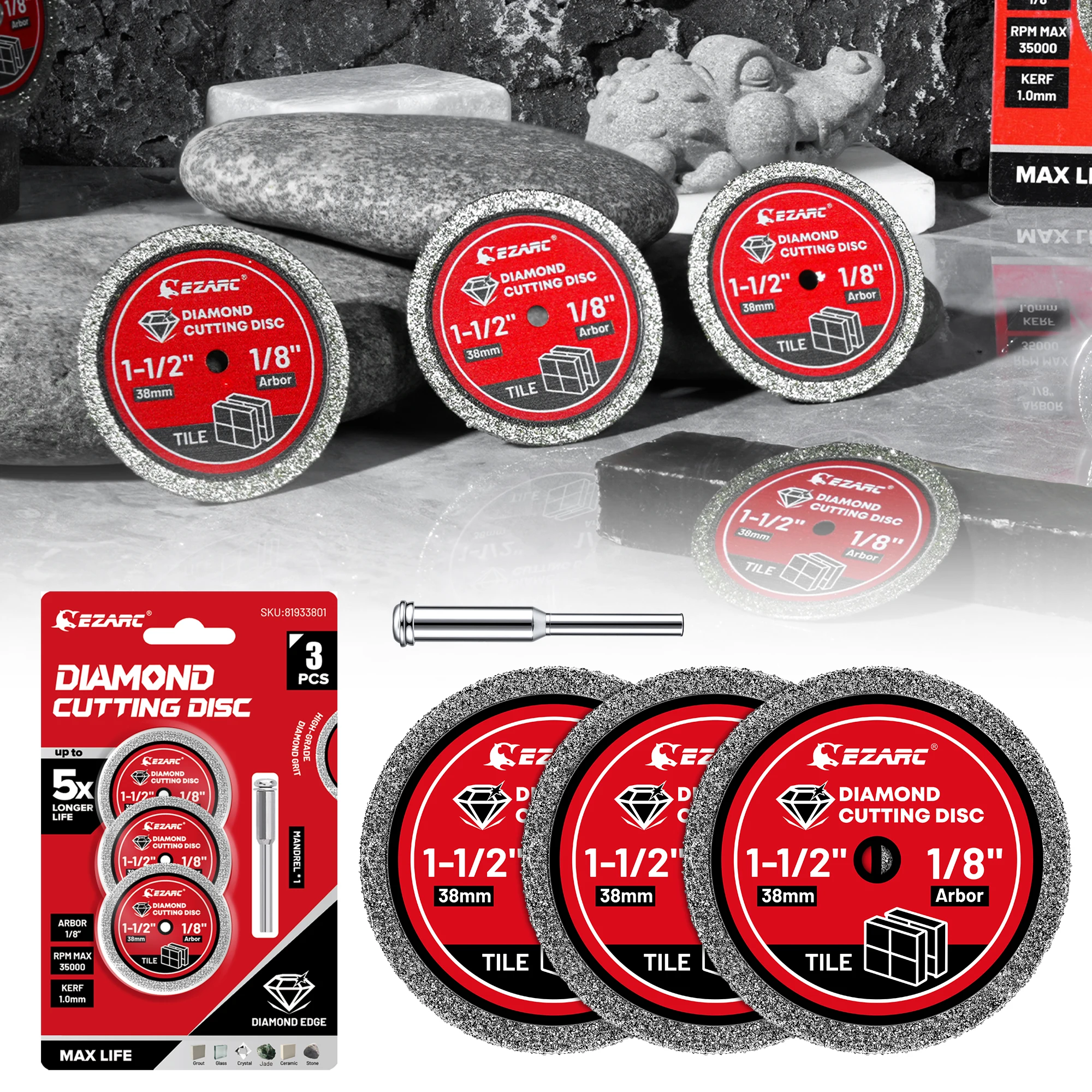 EZARC 1.5''x1/8'' Diamond Tile Cutting Discs - 3PC 38mm Cutting Wheel 1PC Mandrel Rotary Tool Cutting Disc Accessory, 1.0mm Kerf